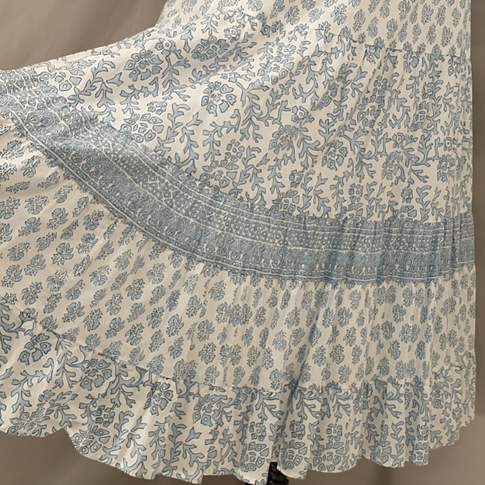 Cotton Block Print Summer Dress Wedgewood Blue & White Lined Midi Tiered Skirt - Picture 2 of 9